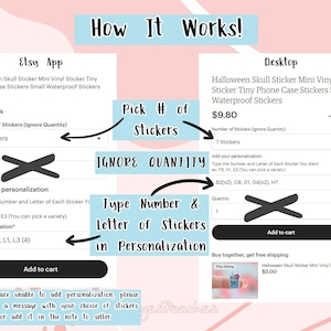 The image is a screenshot of a website's checkout process for a Halloween-themed mini vinyl sticker set. It shows the user selecting the number of stickers they want to purchase and adding them to their cart.