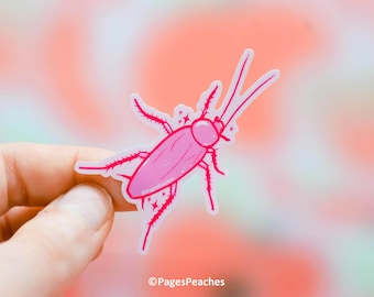 Pegatina pequeña de vinilo impermeable con diseño de cucaracha rosa para funda de teléfono