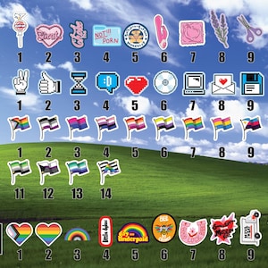 a collection of various stickers and icons, including symbols and logos, arranged in a grid-like pattern against a backdrop of a grassy field and a blue sky with clouds.