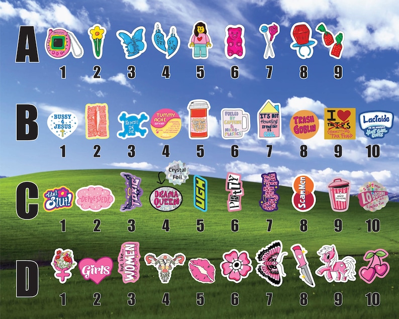 a collection of stickers with various designs and text, arranged in a grid format. The stickers are displayed against a backdrop of a grassy field under a blue sky with clouds.