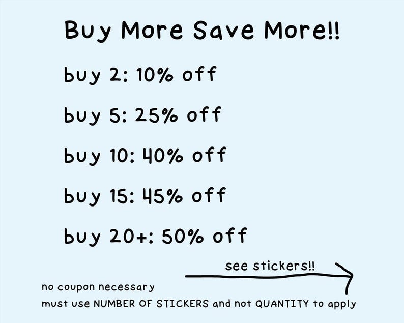 The image is a list of discounts and sale prices for various sticker purchases, with a note that no coupon is necessary to apply the discounts, but must use a specific number of stickers and not quantity.