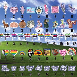 a collection of stickers and illustrations related to gender and LGBTQ+ pride, including various symbols and phrases.