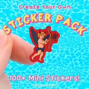 May include: A die-cut sticker featuring a cartoon cupid with red horns, dark wings, and a bow and arrow, set against a red background. The text reads Create Your Own STICKER PACK, 100+ Mini Stickers!, and PagesPeaches in white and yellow.