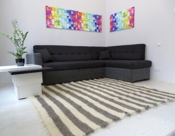 Wool Striped Rug Area Rug White Grey Rug Livingroom Rug Living Room Decor Scandinavian Decor Carpet Rug Woven Rugs Sofa Floor Shaggy Rugs