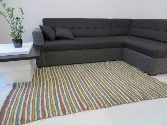 Handwoven Wool Striped Rug: Rustic Scandinavian Decor (220x140cm)
