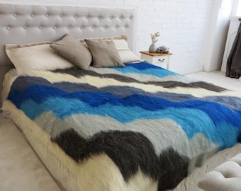 Handmade Blue Wool Blanket, Chunky Knit Throw, Boho Chic Decor