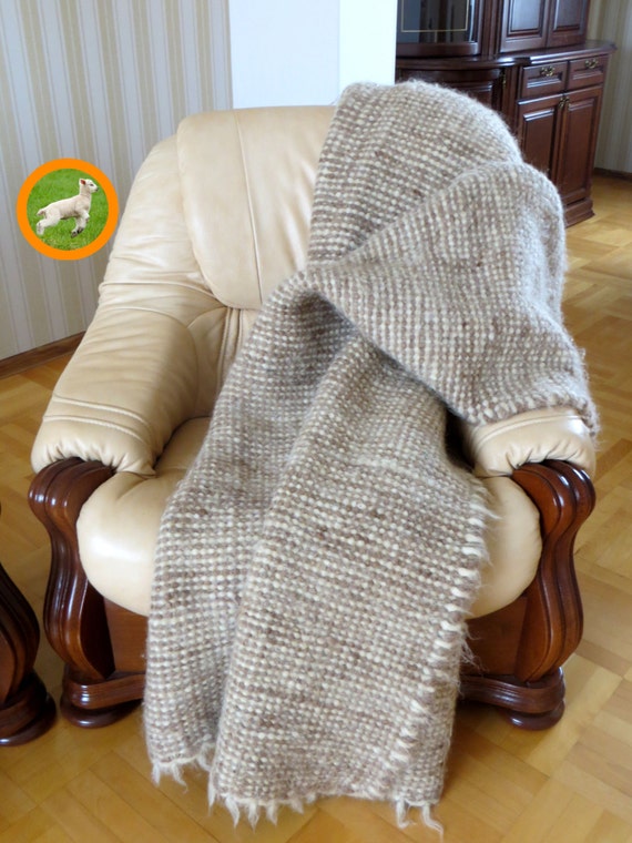 Handmade Wool Blanket: Beige Woven Bedspread, Queen Size