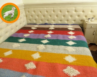 Handwoven Wool Bedspread: Queen King Throw Blanket, Carpathian Design