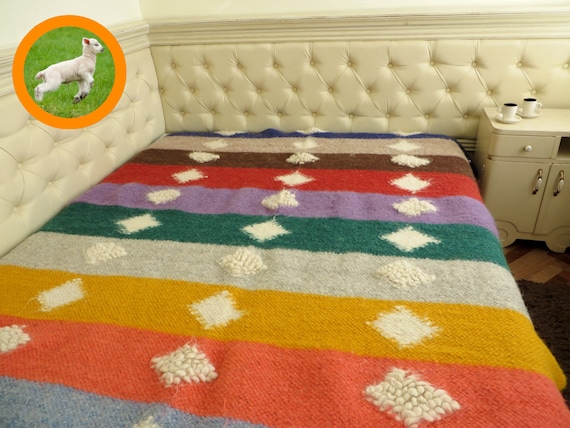 Handwoven Wool Bedspread: Queen King Throw Blanket, Carpathian Design