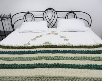 Wool Bed Scarves,Bed Throw,Bed Cover,Green Bedding,Bed Decor,Handwoven Blanket Throw,Bedspread,Coverlet,Striped Scarf for Bed,Sofa Throws
