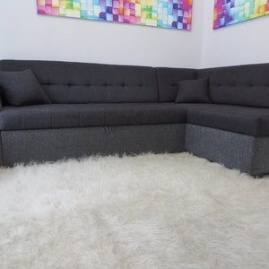 May include: A white fluffy rug in front of a gray sectional sofa. The sofa is in a living room with two colorful abstract paintings on the wall.