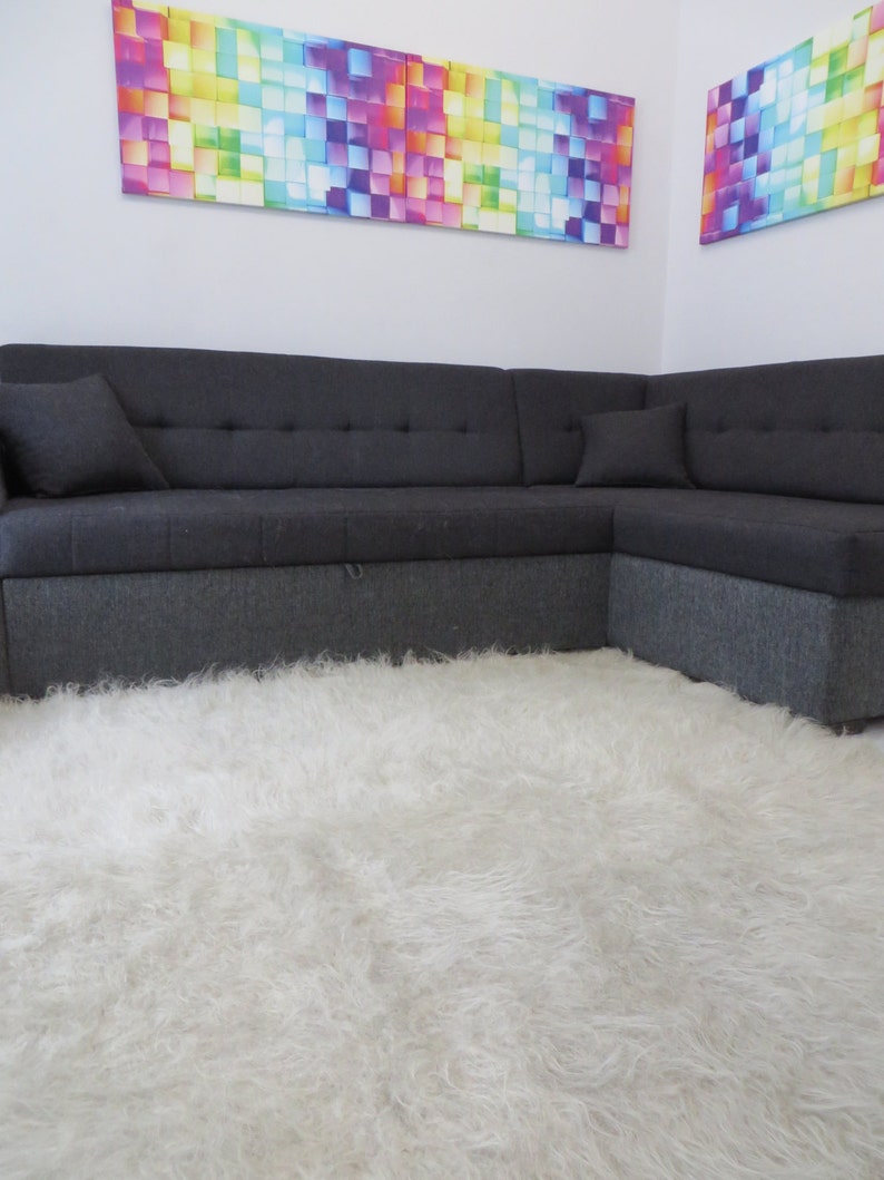 May include: A white fluffy rug in front of a gray sectional sofa. The sofa is in a living room with two colorful abstract paintings on the wall.