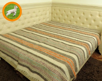 Handmade Wool Throw Blanket: Orange Rustic Bed Coverlet, Queen Size
