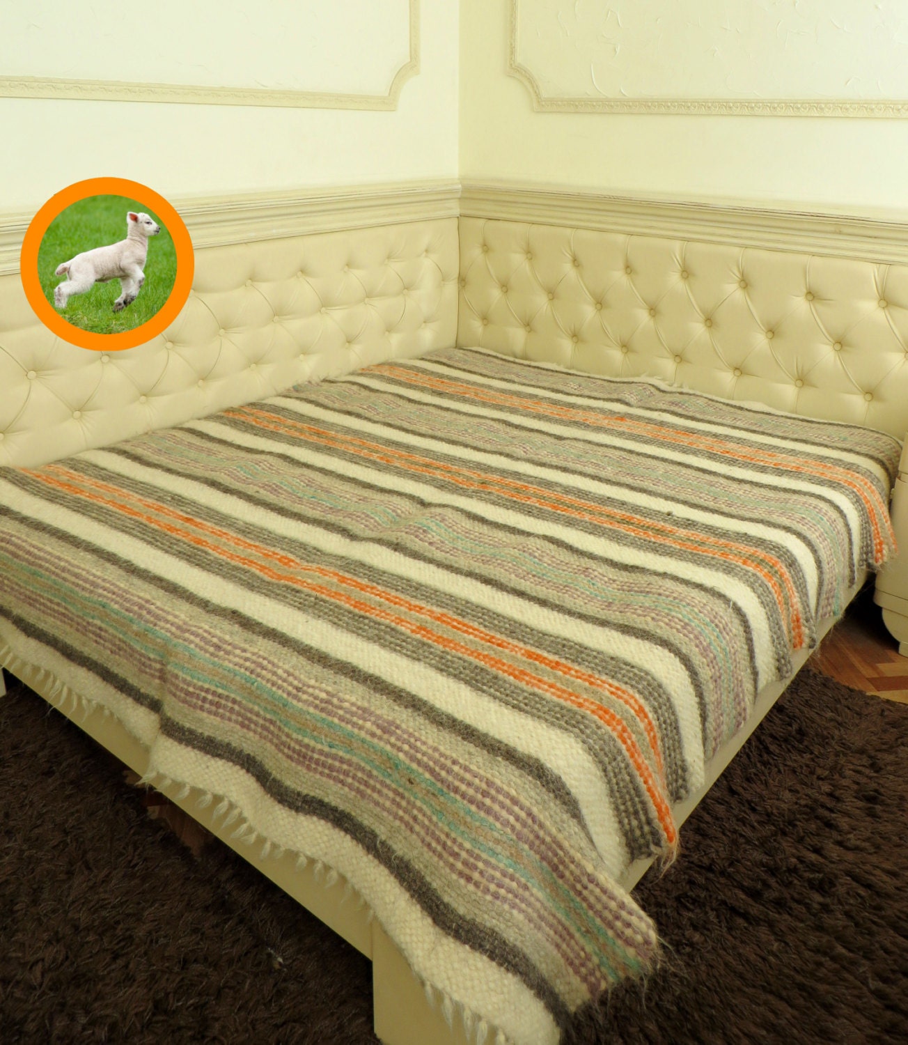 Handmade Wool Throw Blanket Orange Rustic