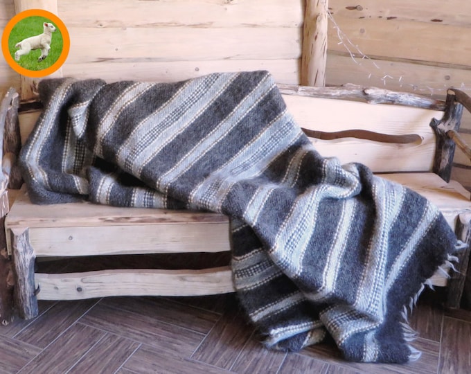 Handmade Wool Blanket: Rustic Brown Striped Throw, King Bedspread