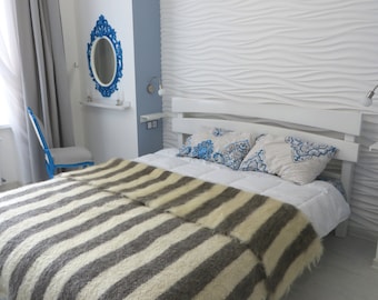 Handmade Wool Blanket, Striped Woven Throw, Queen Coverlet