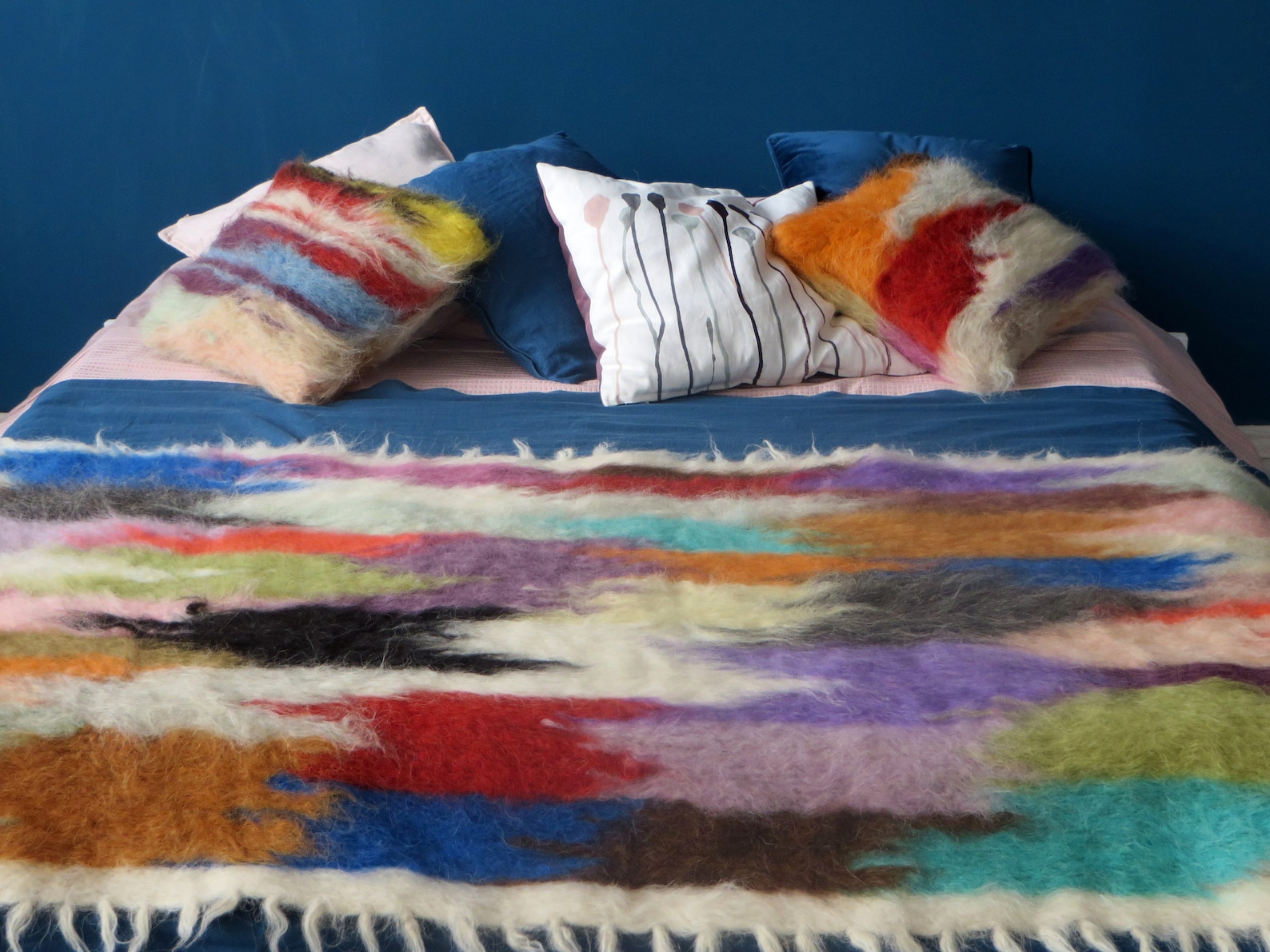 Handwoven Wool Pillow: Multicolored Shaggy Cushion, 16"x16"