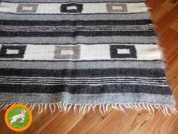 Handwoven Wool Area Rug: Grey and White Striped Lizhnyk Throw (69x93")