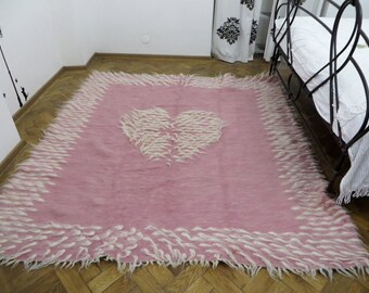 Handwoven Wool Rug: Pink Heart Print, Boho Bohemian Rug