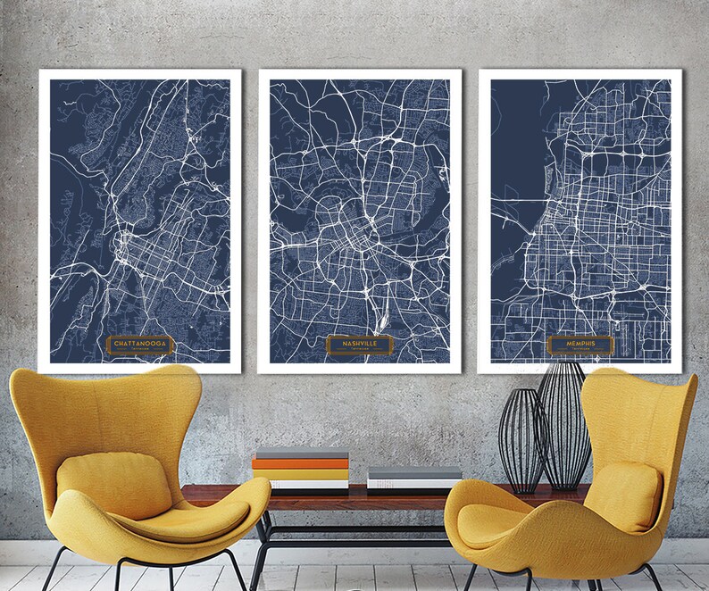 3 Karten Set Nashville Chattanooga Memphis Leinwand Karte Wand Kunst Stadt Karte Leinwand Strassenkarte Poster Bereit Jack Travel Hangen