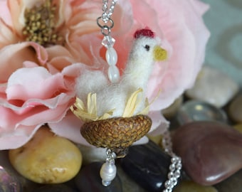 Miniature Felted Chicken Necklace