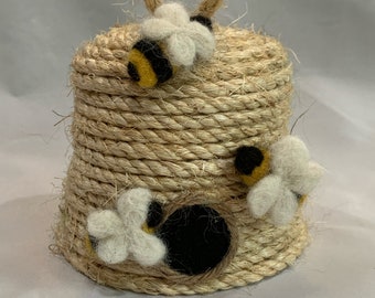 Handmade Bee Skep with Alpaca Fiber Bees