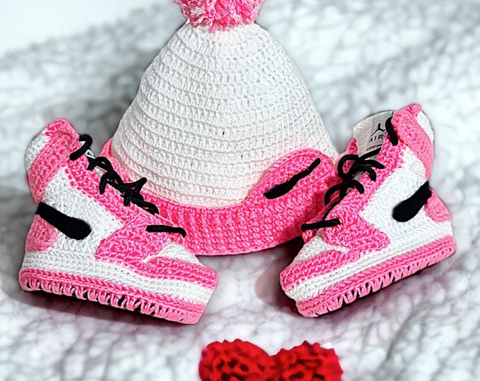 Newborn Baby Gift Set - Pink Jordan Sneakers & Beanie - Chic Baby Girl First Birthday Outfit - Crochet Basketball Fan Set