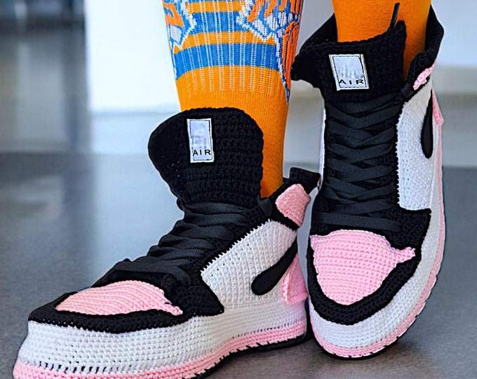 Pink Jordan-Style Crochet High Tops Sneakers - Custom Women's Crochet Slippers