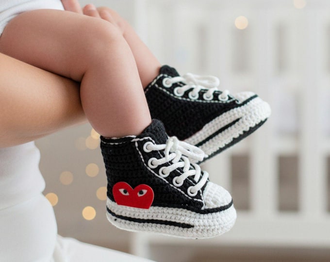 Crochet Baby Sneakers - Soft Cotton Newborn Booties - Baby Shower Gift - Snug Newborn Kicks Shoes, Cozy Heart Logo, Baby Unisex Outfit Gifts