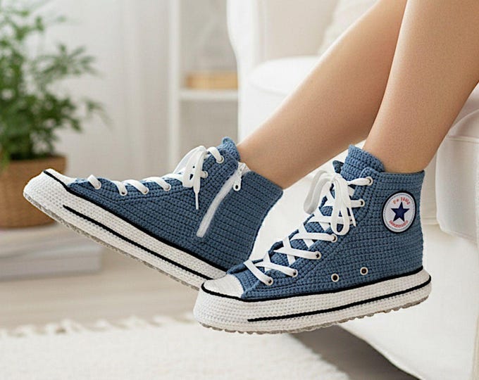 Crochet High-Top Sneaker Slippers, Denim Blue Unisex House Shoes, Non-Slip Rubber Sole, Handmade Gift