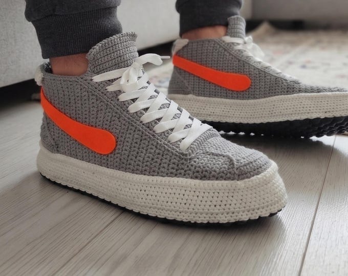 Custom Crochet High-Tops Sneakers Slippers in Grey - Handmade Vegan Shoes