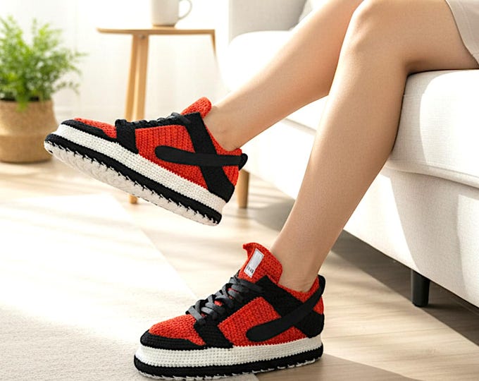 Crochet Jordan-Style Sneaker Slippers, Unisex Knit Kicks, Custom Non-Slip Men Shoes, Warm Cozy House Shoes, Basketball Fan Gift