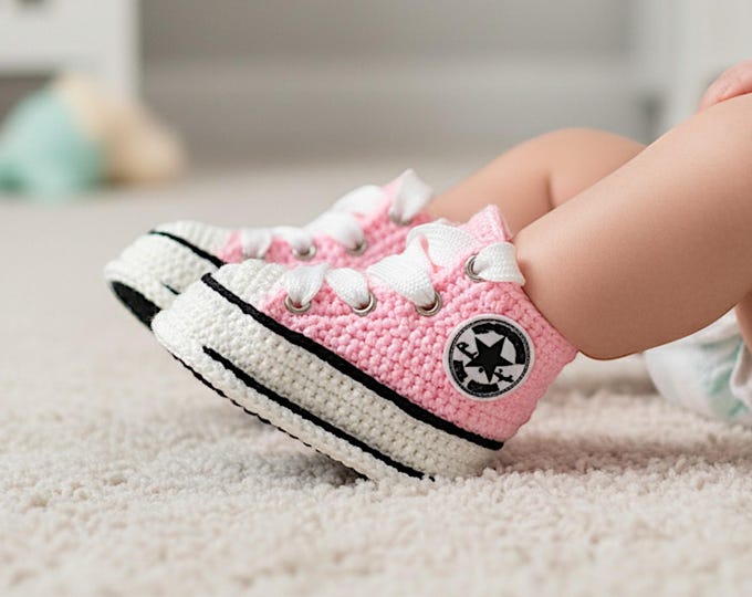 Handmade Crochet Baby Soft Sneakers | Pink Canvas Style Booties | Newborn Photo Prop | Baby Shower Gift