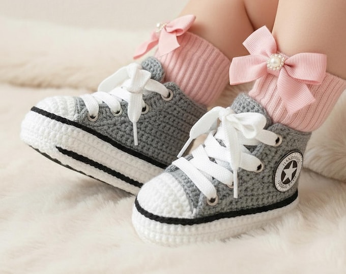 Handmade Baby Sneakers Crochet High Top Booties for Newborn Photoshoot Prop Gender Neutral Baby Gift Basket Idea New Dad Gift