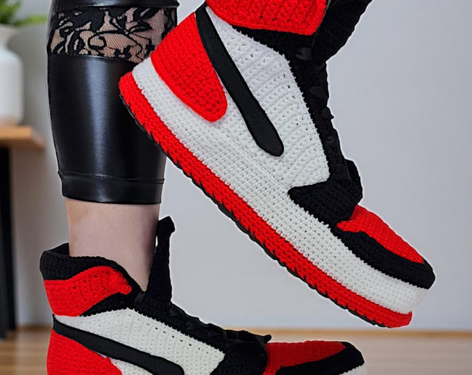 Jordan Red Black Crochet Slippers, Handmade Wool High-Top Sneakers, Custom Basketball House Shoes, Cozy Gift for Basketball Sneaker Lovers