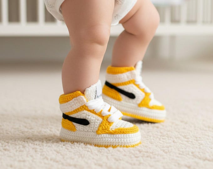 Crochet Baby Jordan Style Yellow Booties - Newborn Custom Knit Shoes - Baby Basketball High Top Soft Sneakers - Gender Neutral Newborn Gifts
