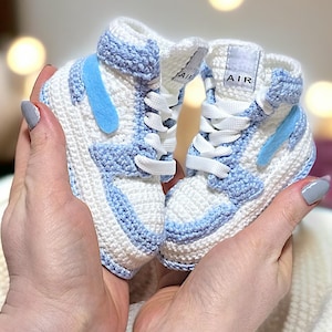 Crochet Baby Soft Blue Jordan-Style Sneakers | Retro Baby Boys Booties | Baby Shower Gift | 0-12 Month Sizes | Eco-Friendly Newborn Shoes