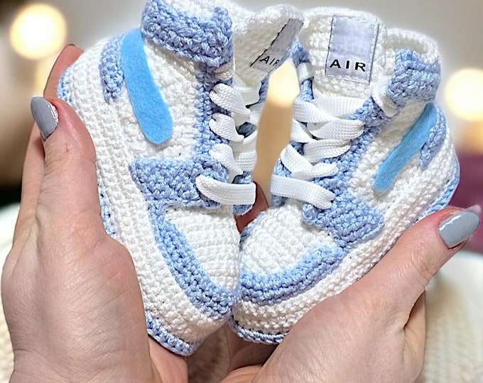 Handmade Crochet Jordan Style Baby Booties for Boys and Girls Retro Style Sneakers for Baby Shower Gift and Gender Neutral Newborn Shoes
