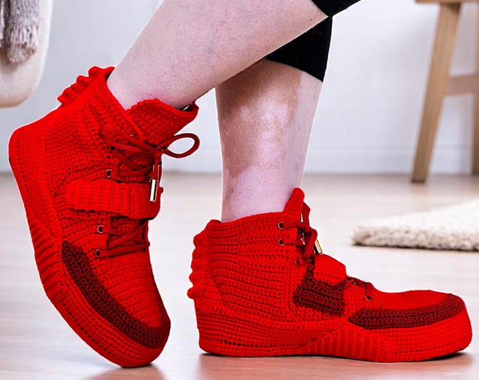 Custom Red October Knitted Sneakers - Hip-Hop Streetwear Retro Kicks - Knitted Red Retro Sneakers - Rare Jordan Sneaker Slippers