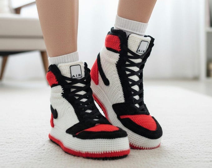 Custom Crochet High Top Jordan-Style Bred Sneakers Slippers - Personalized Basketball Retro Gift for Women/Men - Cozy Gothic Kicks Sneakers
