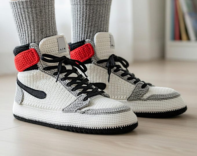 Jordan-Inspired Crochet House Shoes | Unisex Knit Sneaker Slippers | Warm Non-Slip Home Sneakers