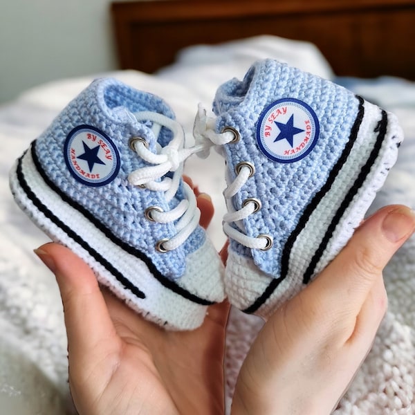 Soft Baby Blue Booties - Crochet Baby Sneakers - Knitted Newborn Shoes - Stylish Baby Shower Gift - Customizable Eco-Friendly Newborn Outfit