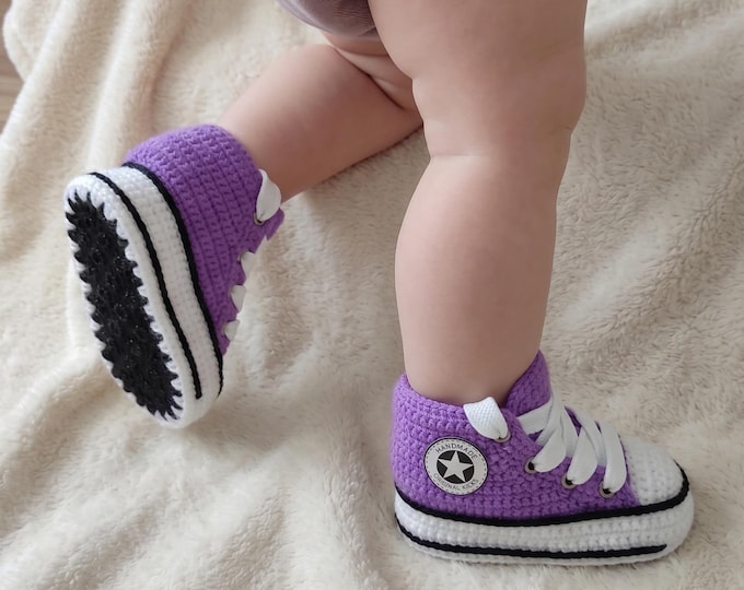 Custom Knit Newborn Crochet Booties | Personalized Baby Shower Gift, 0-3, 3-6, 6-9, 9-12 Months, Purple Baby Sneakers, Baby First Shoes Gift
