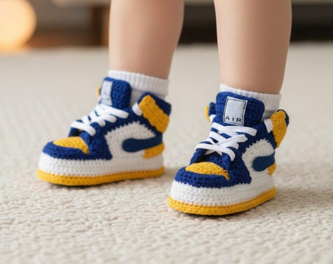 Michigan Colors Crochet Baby Jordan Booties, Blue and Yellow Knitted Newborn Sneakers, Custom Basketball Shoes, Natural Soft Childrens Boots
