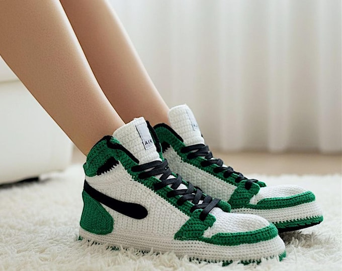 Crochet Jordan Sneaker Slippers, Retro Basketball Shoes, Handmade Knit High Tops, Cozy Unisex Gift