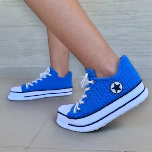 Custom Blue Crochet Sneakers, Indoor Knit Slippers, Womens and Mens Wool Low Top Kicks, Canvas Soft Booties, Perfect Custom Christmas Gifts