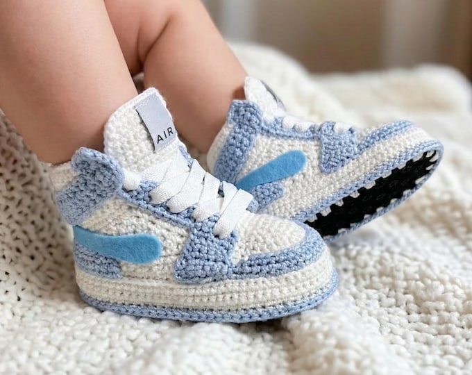 Handmade Crochet Jordan Style Baby Booties for Boys and Girls Retro Style Sneakers for Baby Shower Gift and Gender Neutral Newborn Shoes