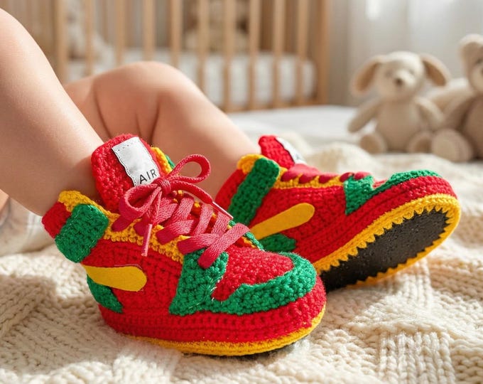 African Baby Booties Rasta Baby Sneakers | Crochet Baby Jordan Style Knitted Baby Shoes | Retro Basketball Baby Gift First Birthday Present