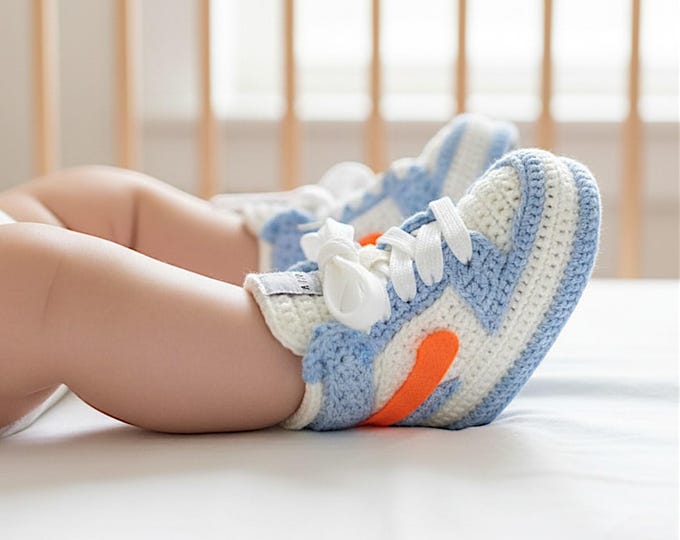 Handmade baby blue crochet Jordan style boy booties