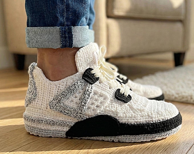 Custom AJ4 Sneaker Crochet Slipper - Cute Cozy Art Sneakers for Men and Women - Cozy House Plush AJ4 Basketball Sneakers Gifts